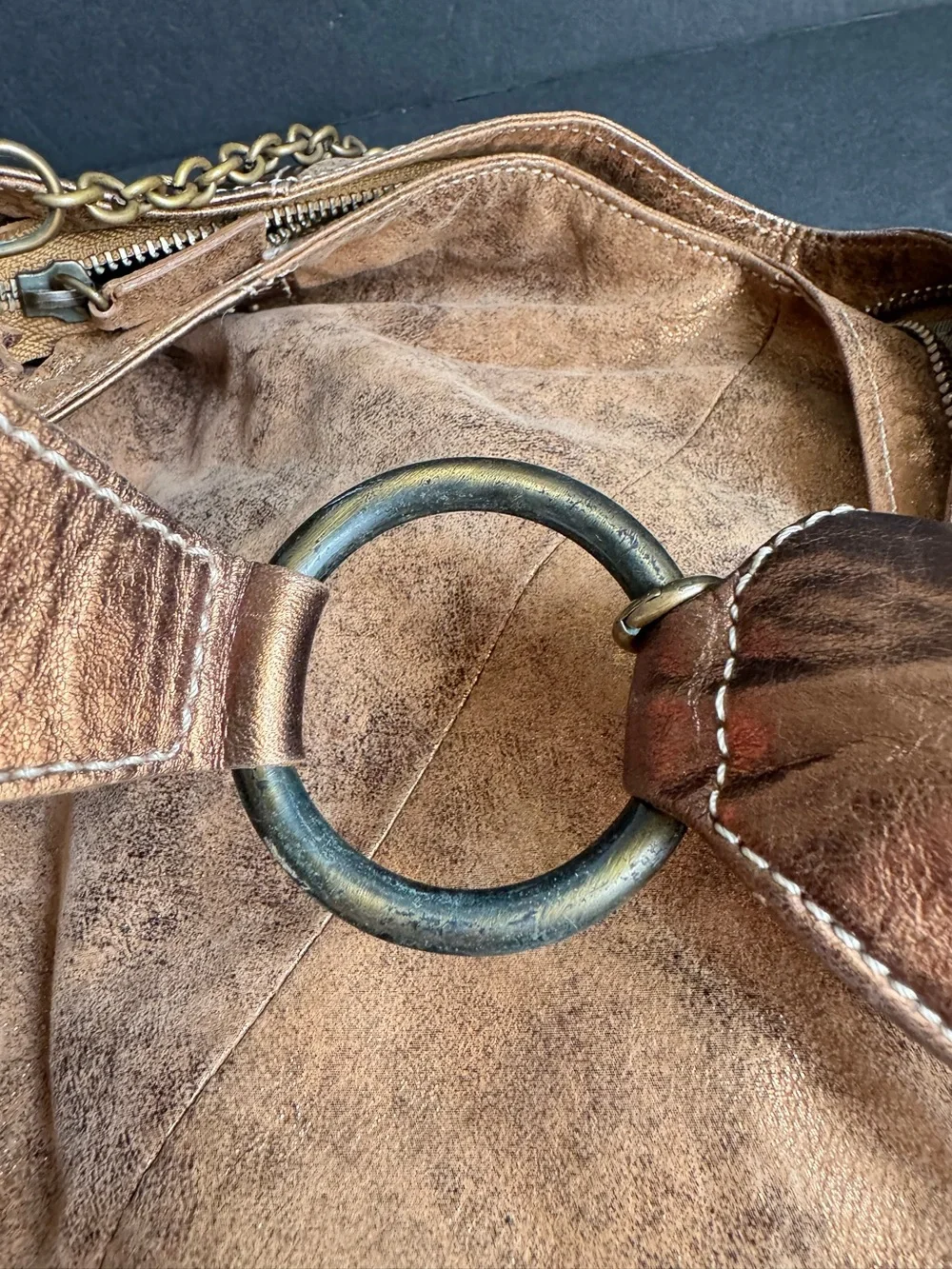 Y2K Metallic Hobo Bag Slouchy Leather Brown Cooper Studded  Purse Vintage